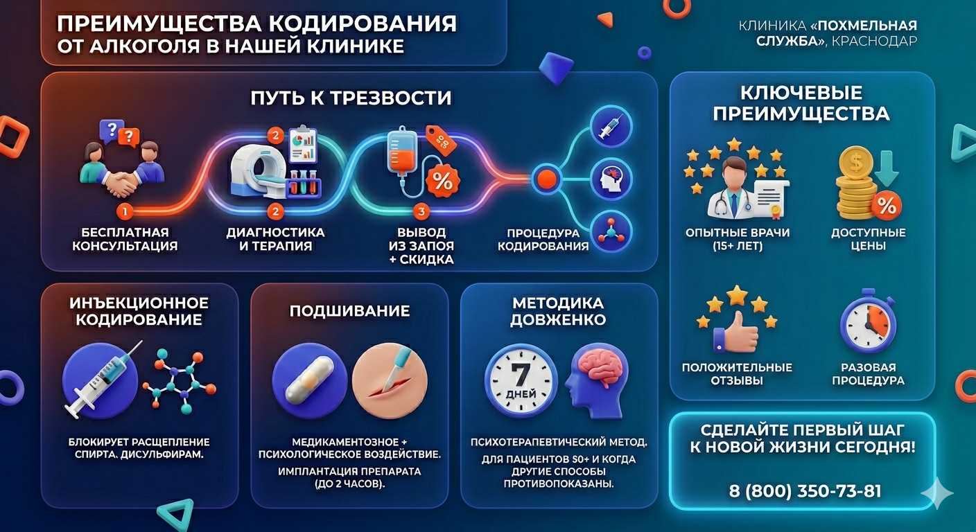 Инфографика о методах кодирования от алкоголя в Кольцово: инъекции, подшивание, метод Довженко. Преимущества клиники и этапы лечения.