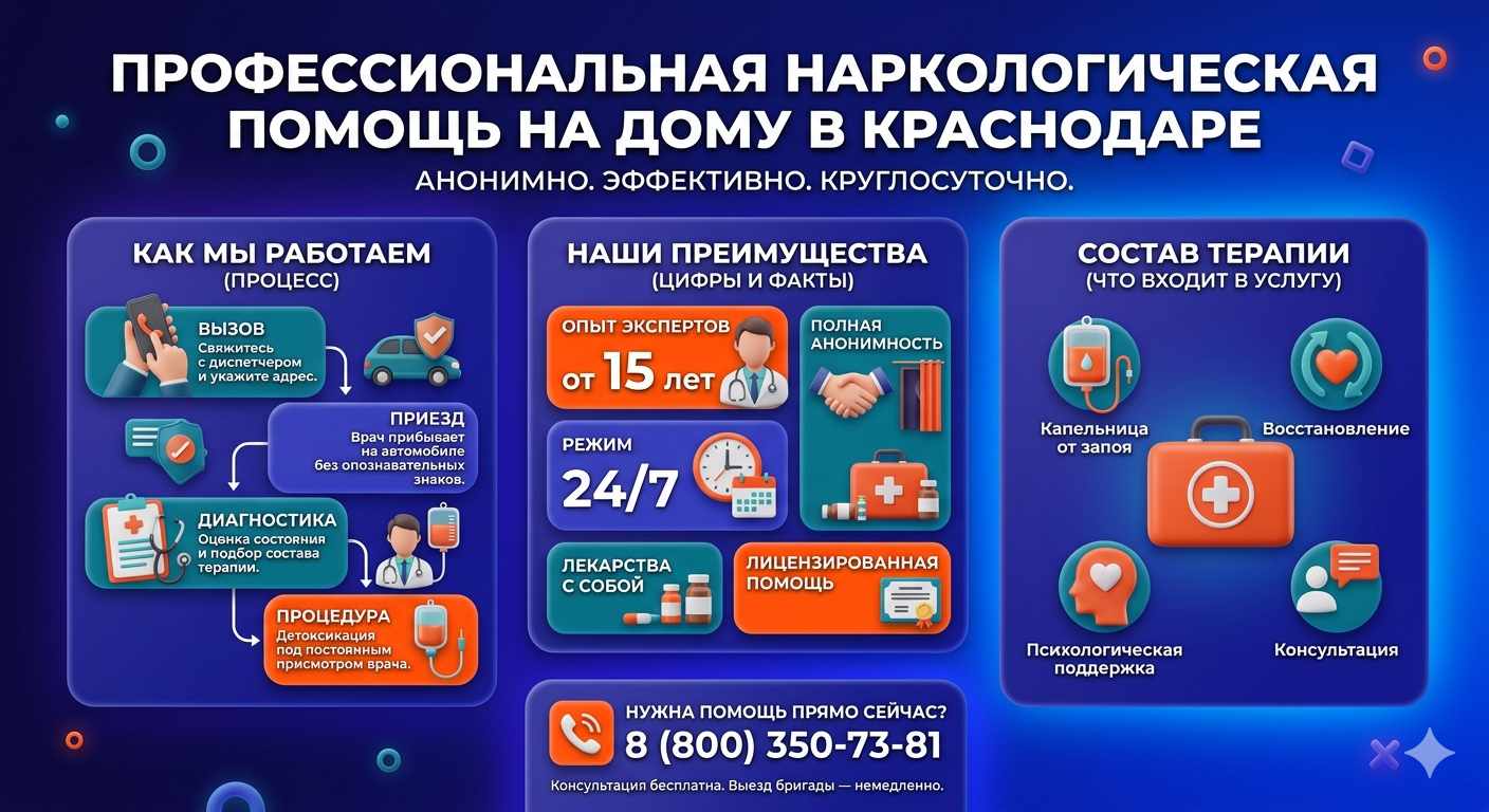 Инфографика о принципах лечения алкоголизма на дому в Кольцово: этапы вызова нарколога, преимущества анонимной детоксикации и состав медицинской помощи.